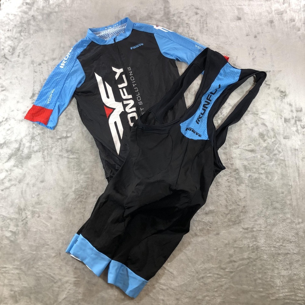 Forte Cycling Jersey Bib Shorts Mens XL Black Blue Padded Team Ironfly Bike